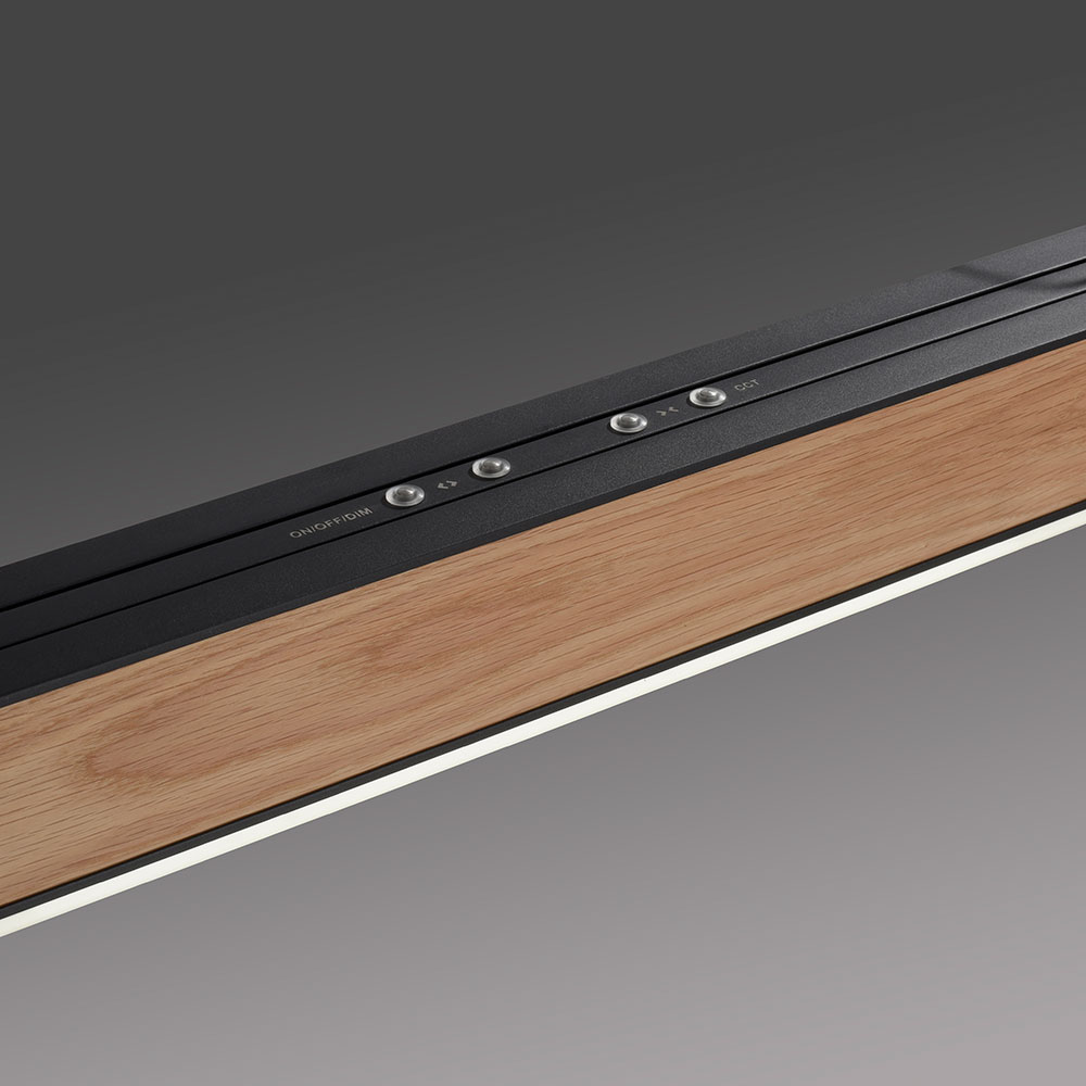 Pure Moto – Intelligente Lichtlösung mit zukunftsweisender Technologie Moderne Pure Moto LED-Leuchte mit innovativer e-SLIDE und e-LIFT Technologie, dargestellt in einem stilvollen Wohnambiente als Symbol für smarte und flexible Wohnraumbeleuchtung der Zukunft