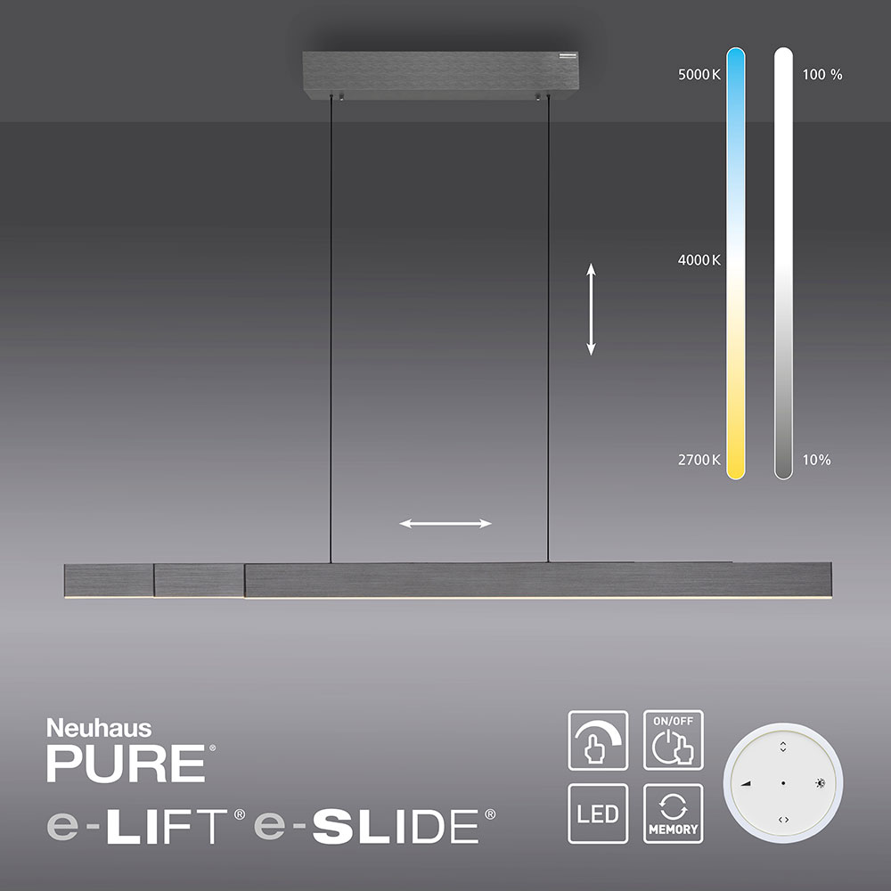Pure Moto Rise – Premium-Pendelleuchte mit e-SLIDE und e-LIFT, CCT-Steuerung, Dimmfunktion und edlen Oberflächen Pure Moto Rise Pendelleuchte mit elektrischer Längen- (120–200 cm) und Höhenverstellung, stufenloser CCT-Lichtsteuerung, Dimmbarkeit, Nachtlichtmodus und Memory-Funktion – erhältlich in Aluminium, Grau, Messing matt und exklusivem Holz-Natur-Finish